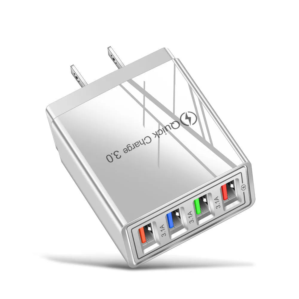 Four-port USB wall charger with LED light in choice of seven colours and EU/US plug options