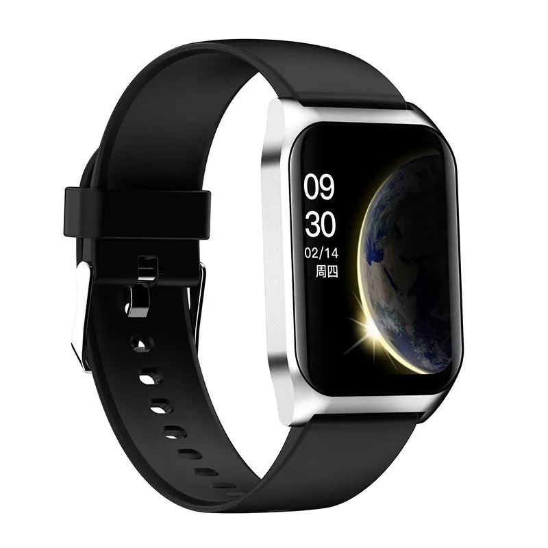 Black smart watch with 1.69-inch screen and silicone strap showing heart rate display