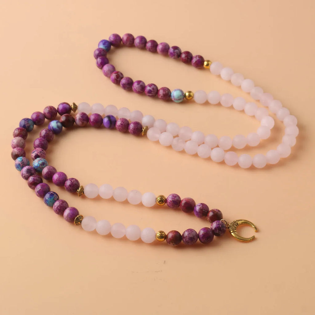 Pink crystal emperor stone beads pendant necklace with round elements for casual unisex fashion wear