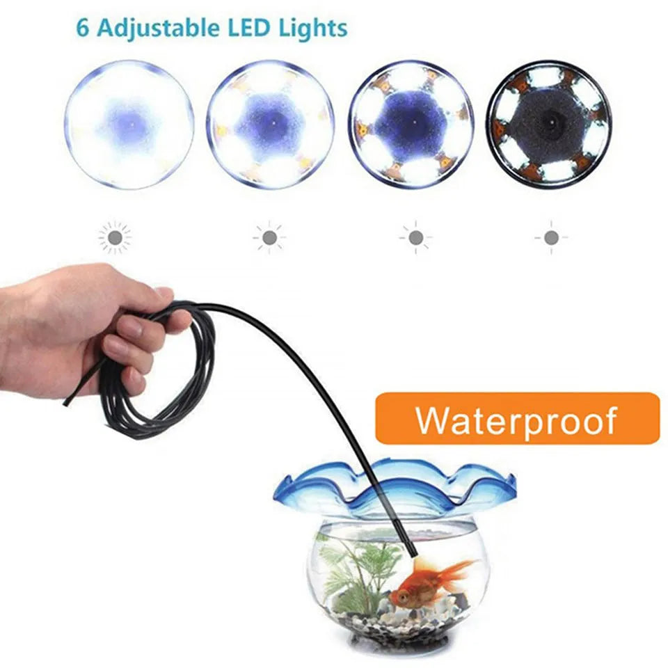 Android USB endoscope with waterproof camera, flexible cable, side mirror, hook, and magnet accessories