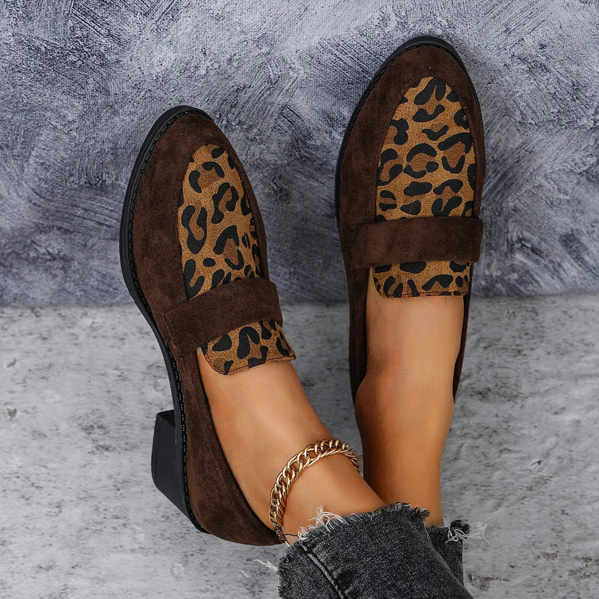 Women's leopard print suede slip-on shoes with chunky mid-heel and pointed toe in brown, pink, and khaki