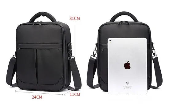 Black Oxford fabric men's messenger shoulder bag showing its structured form.