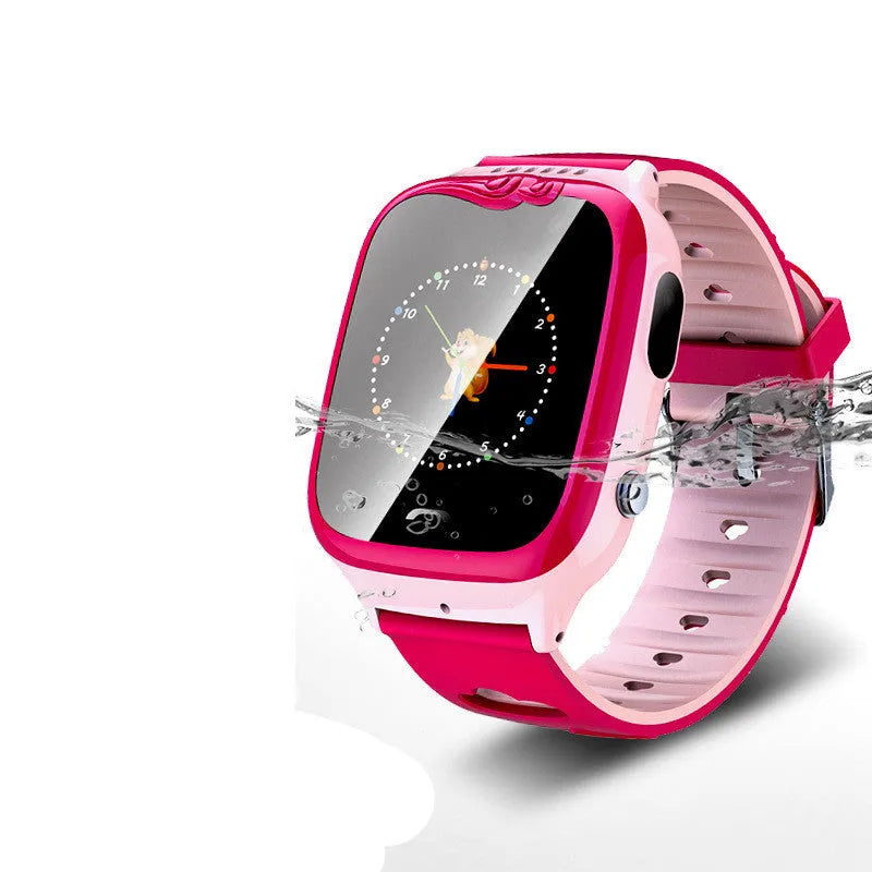 Children's smartwatch with touch screen showing positioning display on blue silicone wristband