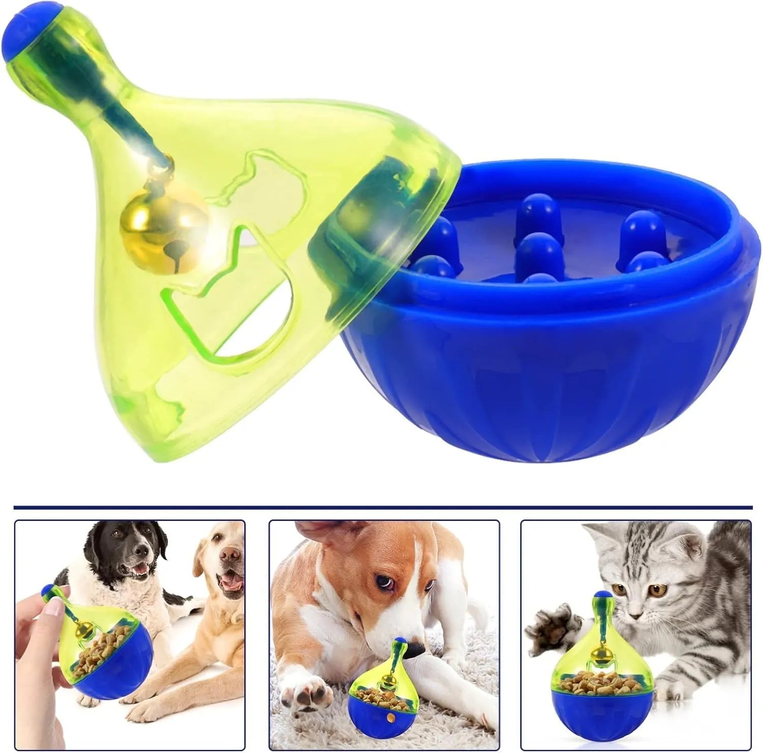 Blue and white durable pet treat dispenser tumbler toy for dogs and cats on a wooden floor.