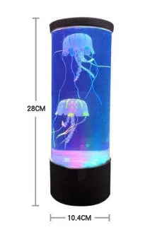 LED jellyfish night light with black plastic base and floating colourful jellyfish inside illuminated chamber