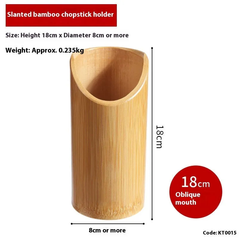 Wild bamboo chopsticks holder tube on a kitchen countertop.