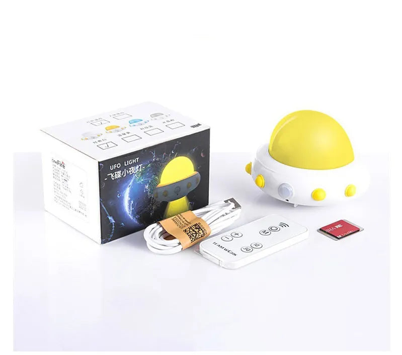 Blue remote control UFO shaped bedside night light with dimensions 105mm by 76mm by 58mm