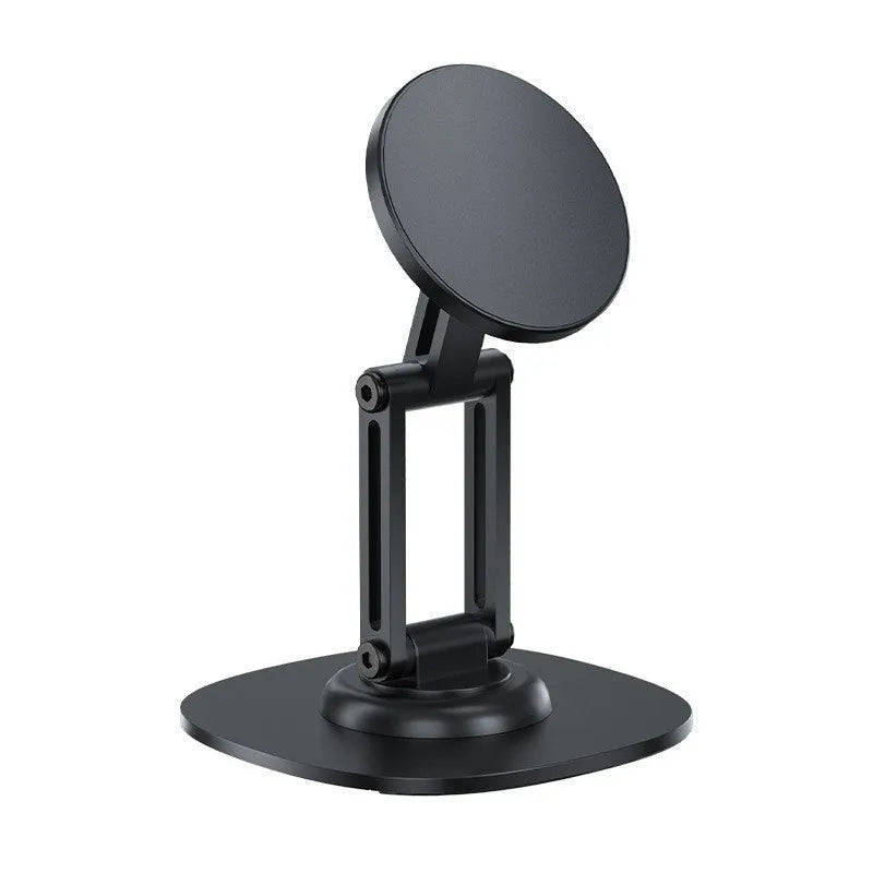360 rotating foldable phone stand in black ABS material on a desk for live streaming
