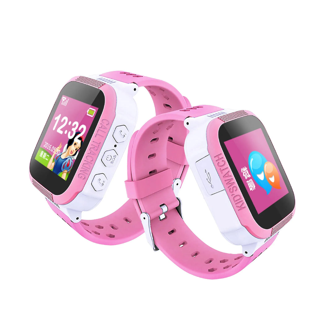 Blue and pink children's phone watch showing 1.44-inch IPS colour touchscreen display