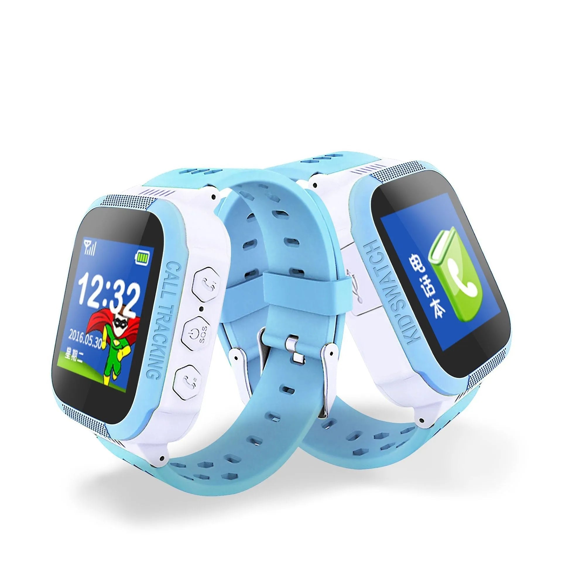 Blue and pink children's phone watch showing 1.44-inch IPS colour touchscreen display