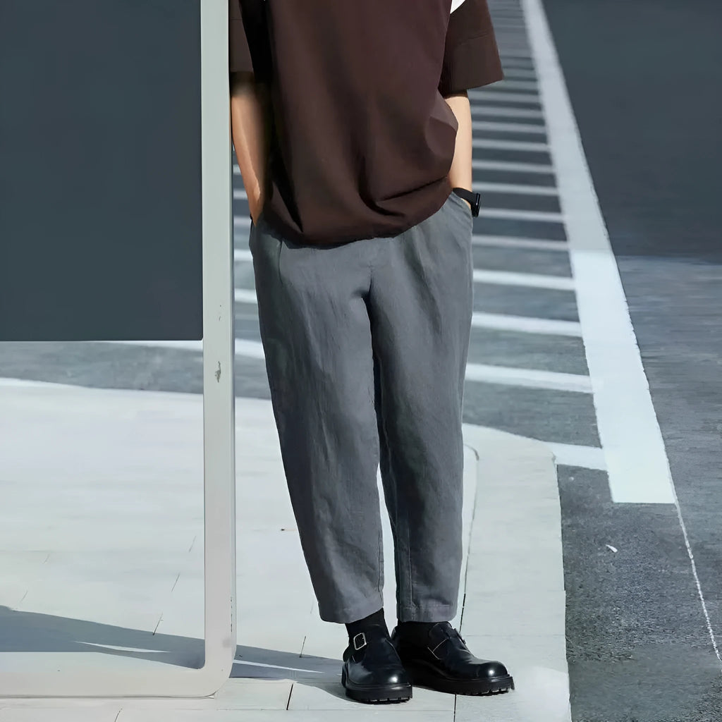 Men's casual loose straight pants with drawstring waist in beige colour option