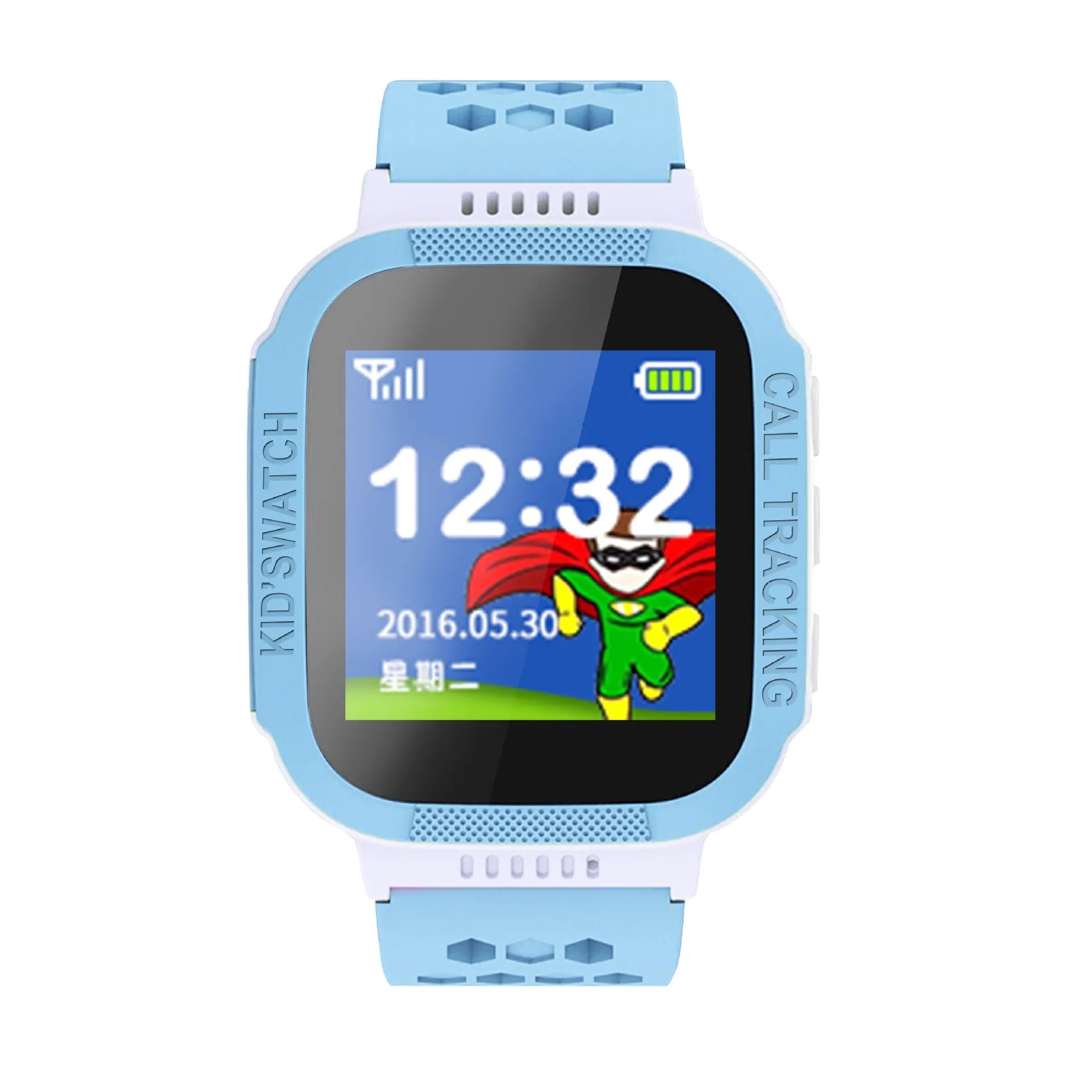 Blue and pink children's phone watch showing 1.44-inch IPS colour touchscreen display