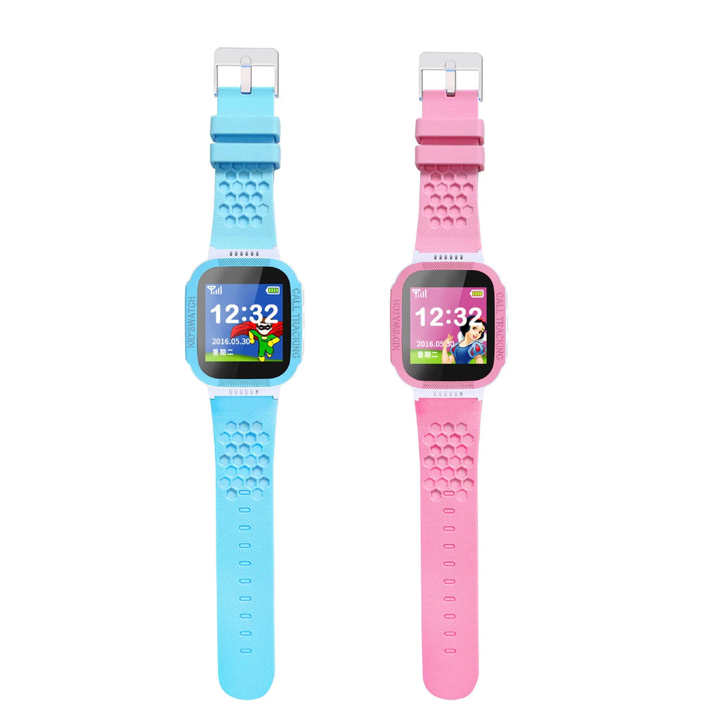 Blue and pink children's phone watch showing 1.44-inch IPS colour touchscreen display