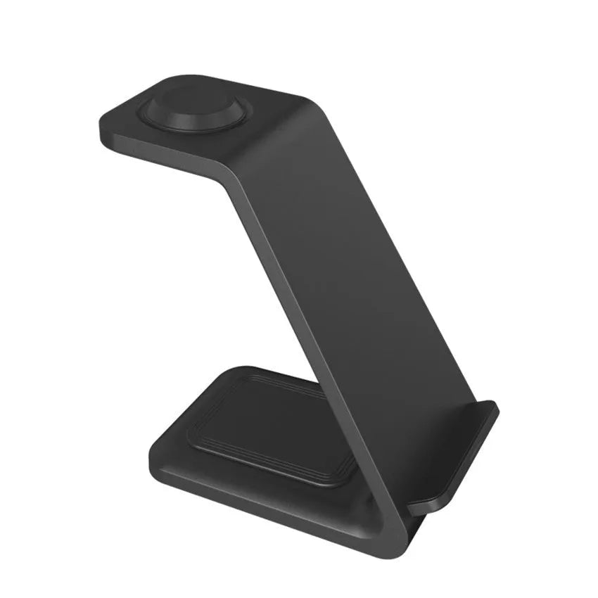3-in-1 upright mobile phone holder wireless charger in black with Type-C cable on desk