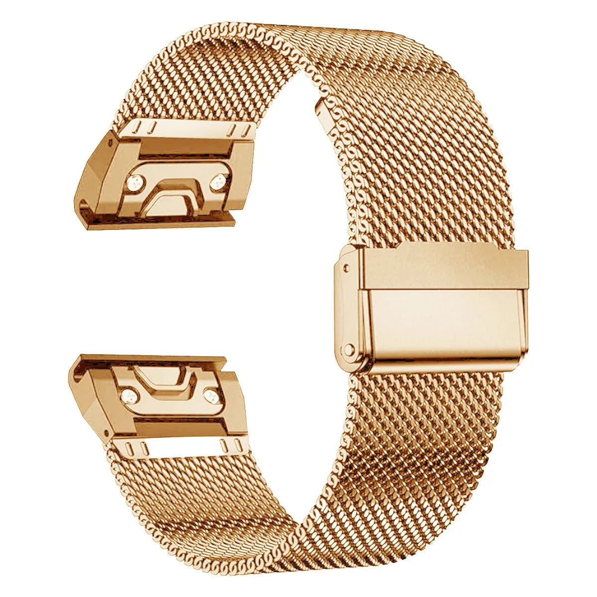 Stainless steel card watch strap for Garmin Fenix models in silver, black, gold, and rose gold finishes.