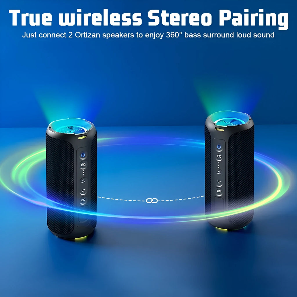 Black and blue fabric wireless Bluetooth speaker with lighting effects showing front view