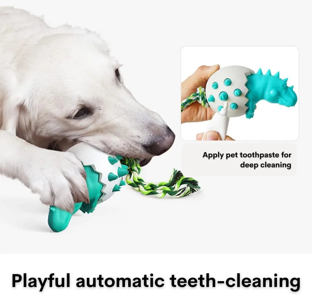Blue durable rubber dinosaur dog chew toy with rope for aggressive chewers
