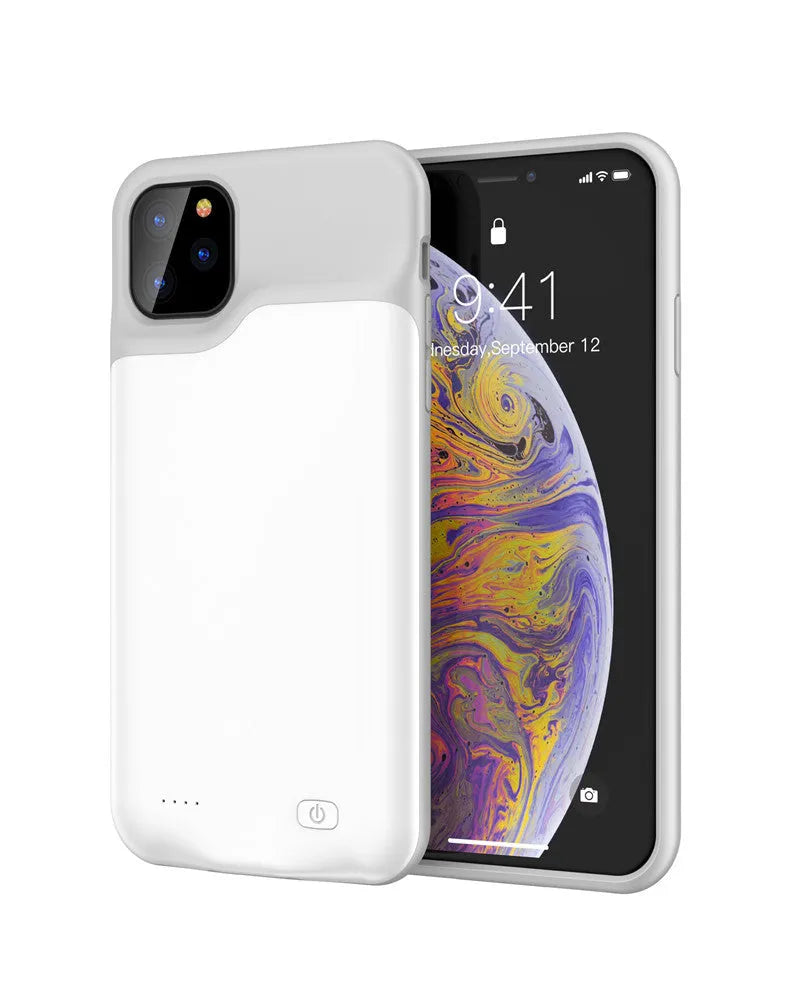 Shockproof silicone iPhone battery charger case in black, blue, pink, or white colours showing extended battery capacity.