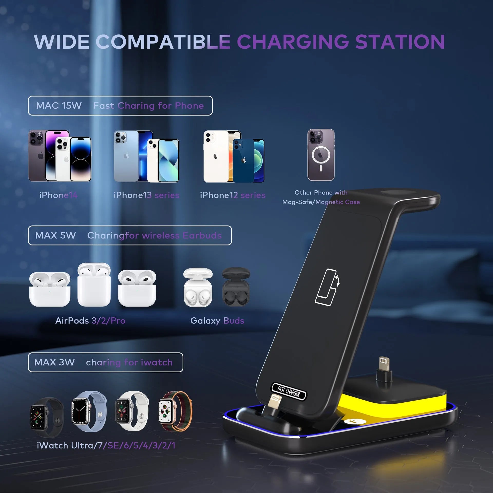 Black vertical wireless charging station with phone, Apple Watch and AirPods charging simultaneously