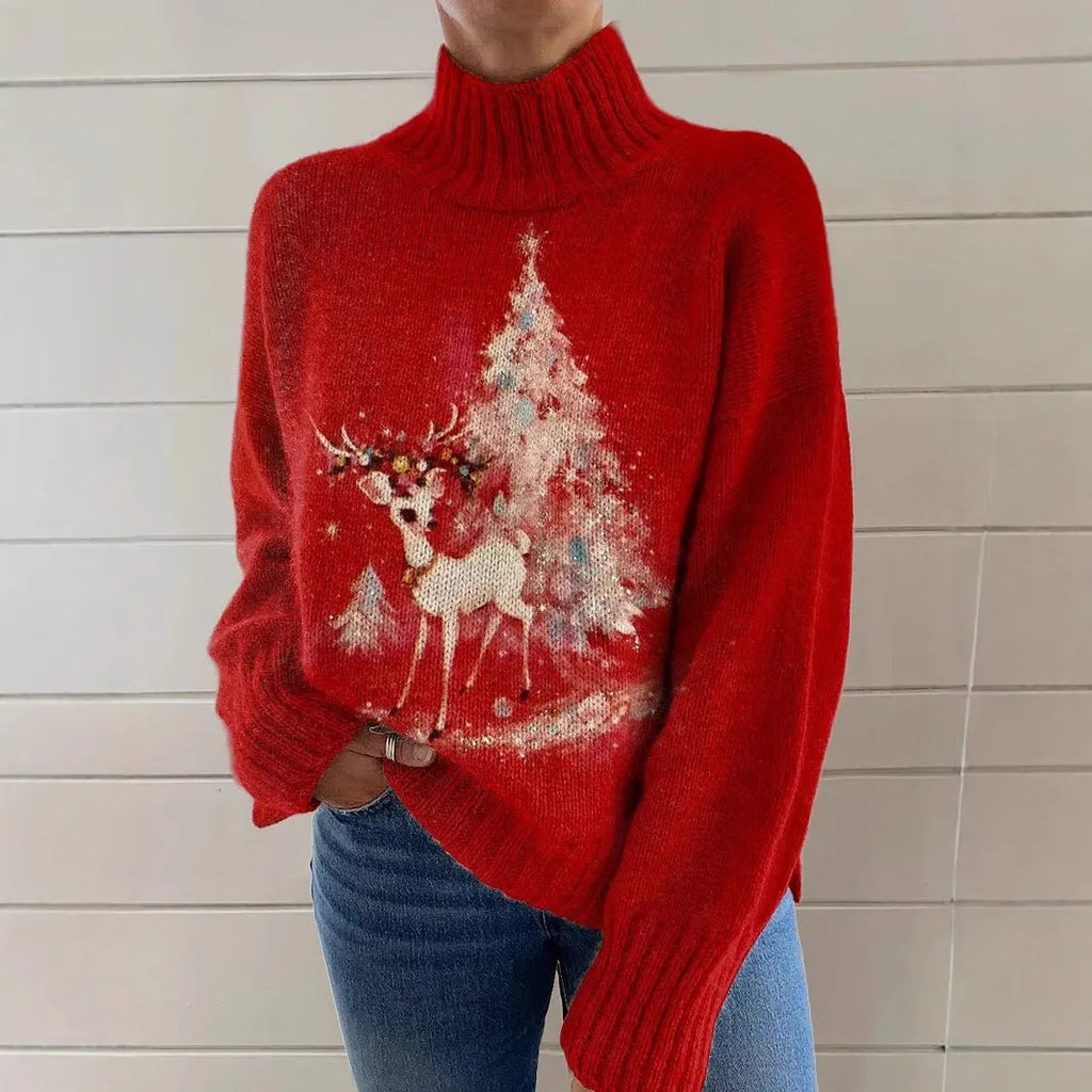 Women's Christmas pattern printed turtleneck sweater in macaron colours with long sleeves
