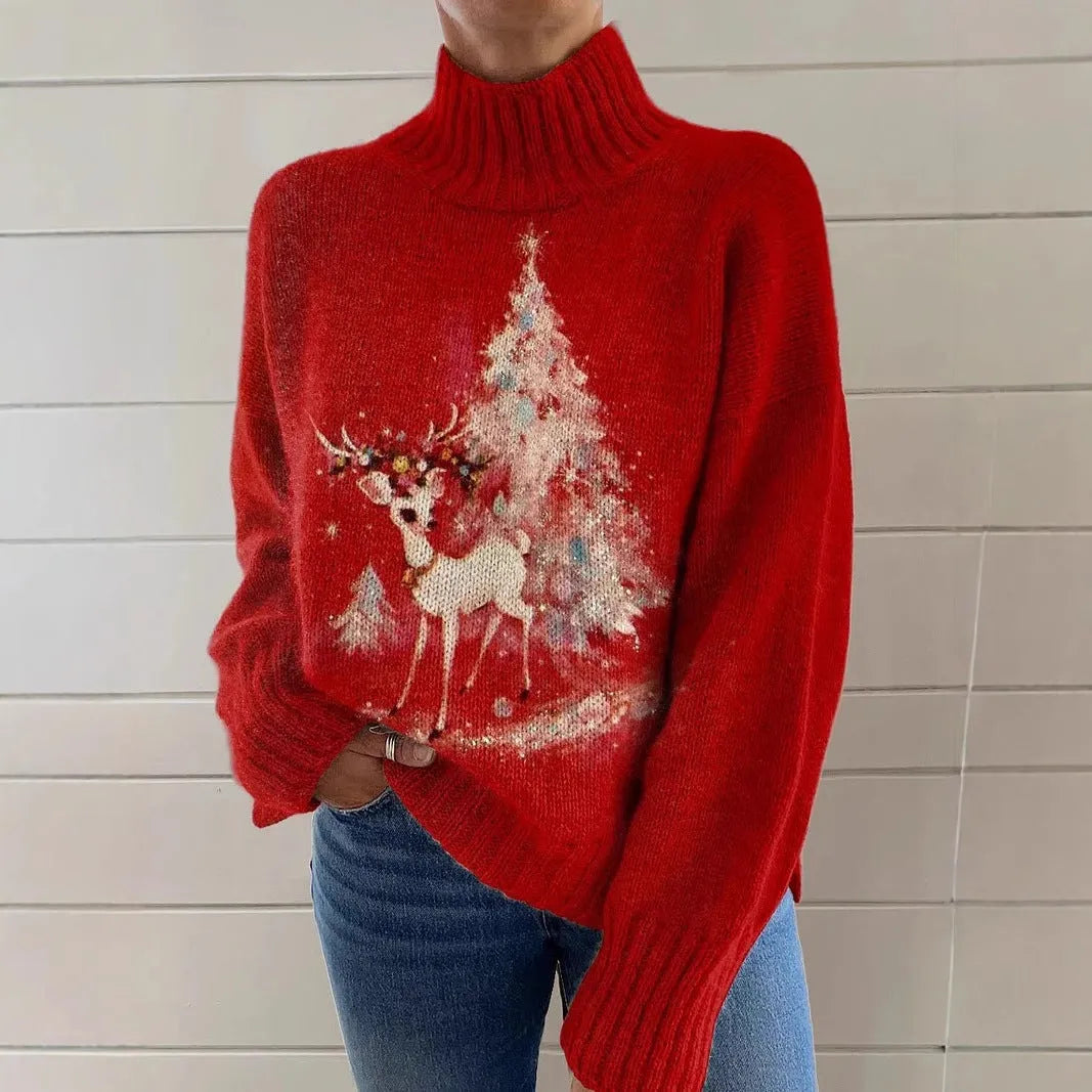Women's Christmas pattern printed turtleneck sweater in macaron colours with long sleeves