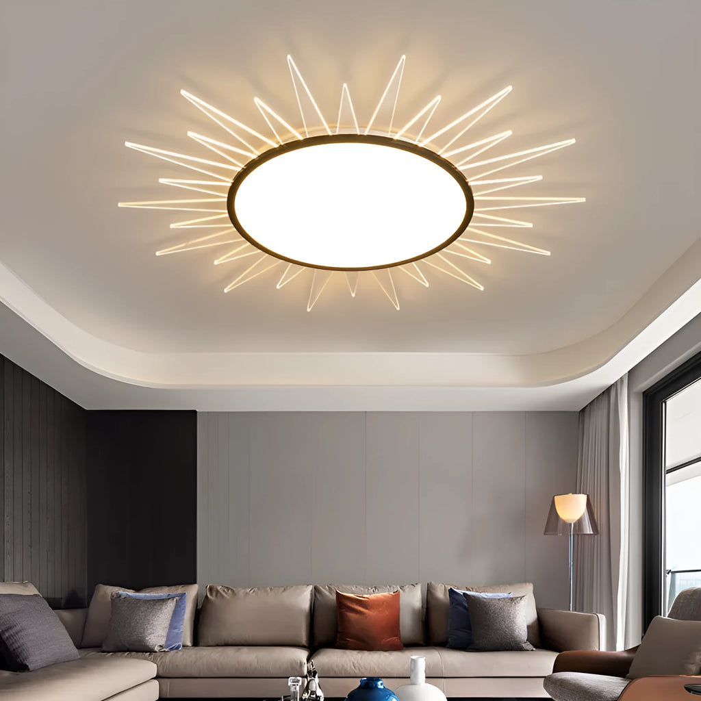 Modern round aluminium LED ceiling lamp with a white shade on a ceiling.