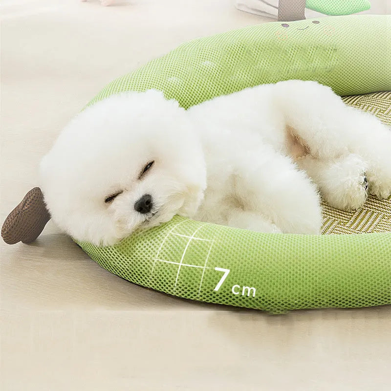 Green fruit-shaped pet bed with raised edges and cushion mat for cats and dogs