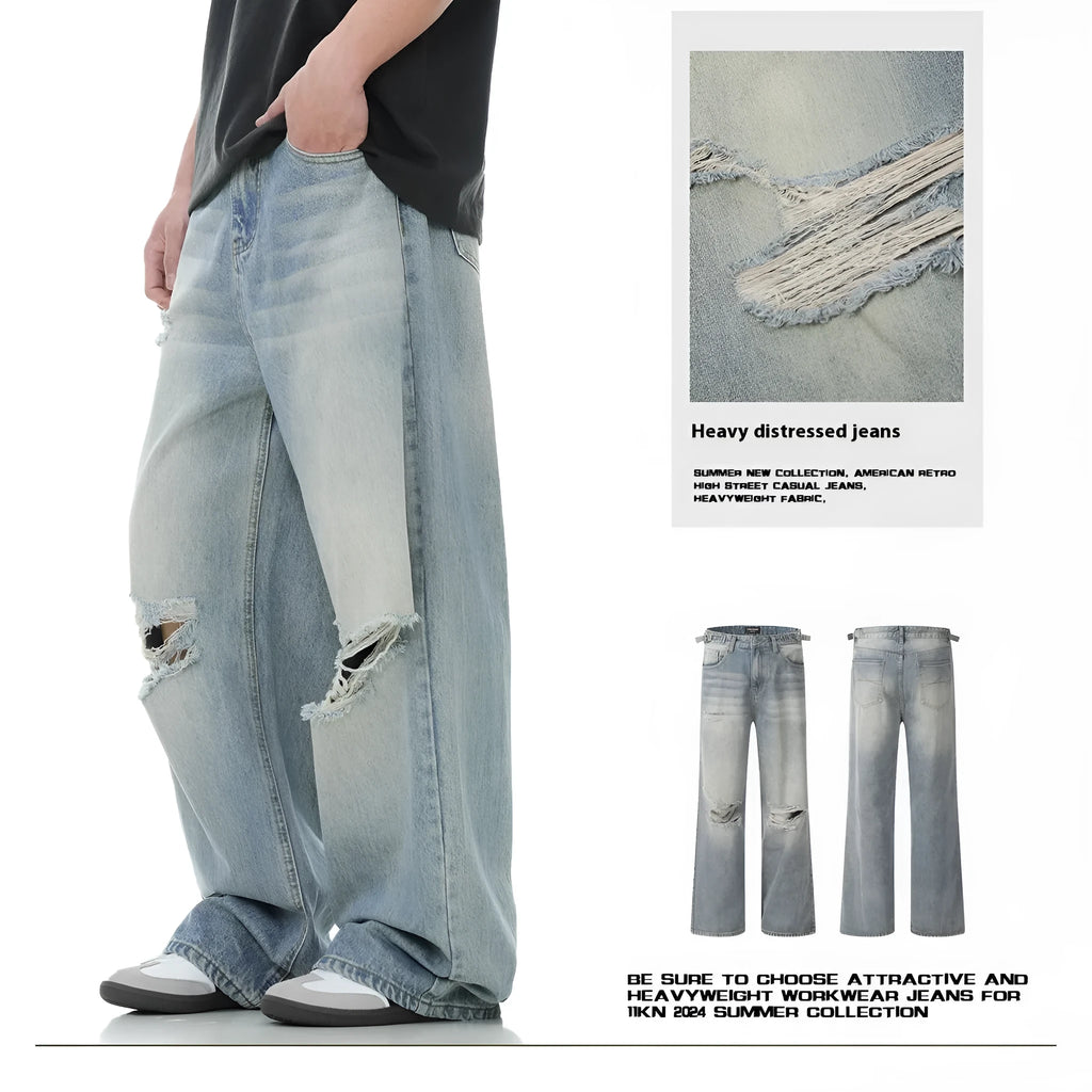 Blue men's straight-leg jeans with ripped detailing and an adjustable waistband.