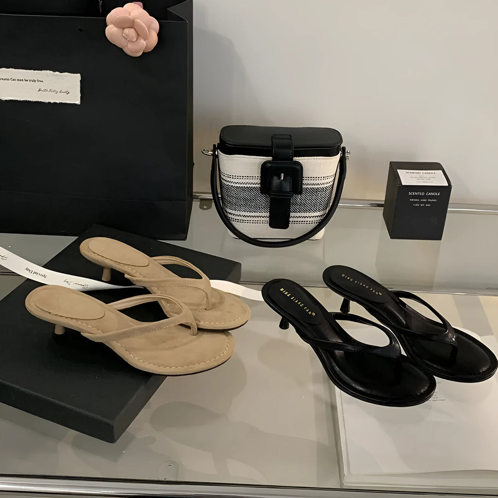 Women's rubber flip-flop sandals with stiletto heel in sheepskin camel colour showing round toe open design