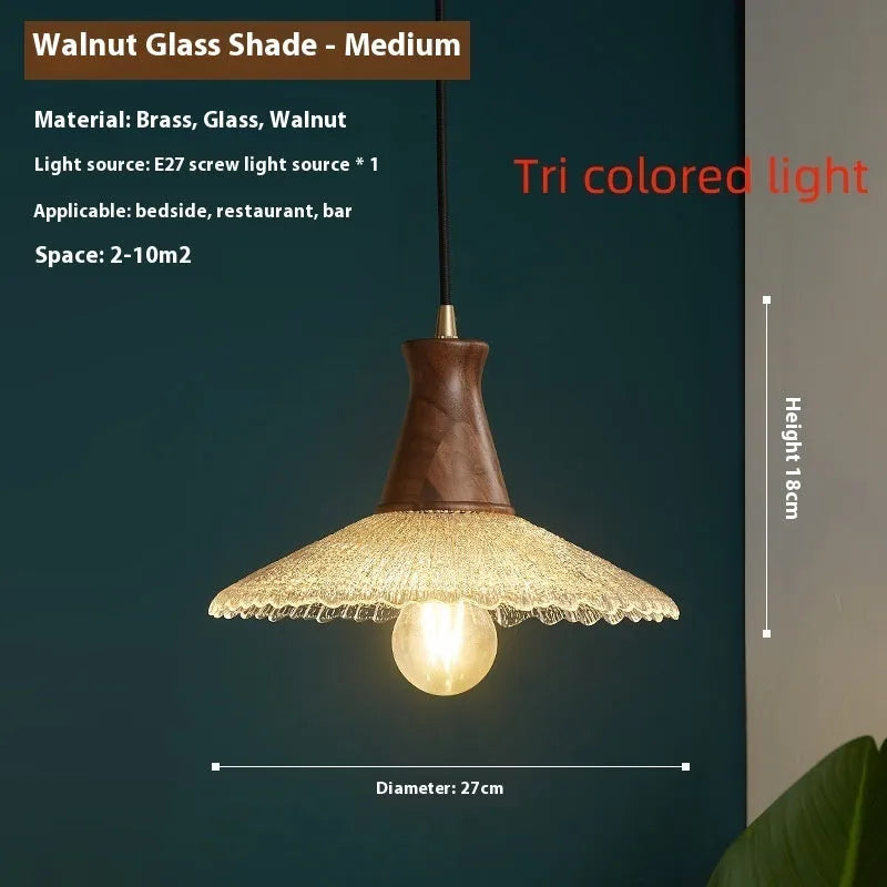 Retro wood and glass ceiling chandelier with brass-colour finish in three sizes.