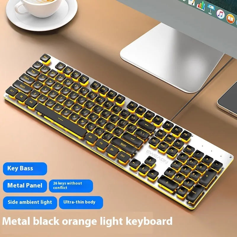 Wired mute keyboard with mechanical feel keys, shown in a Metal Black case with blue LED backlighting.