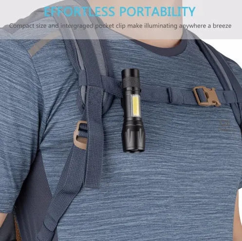 Black aluminium mini LED flashlight with telescopic zoom and belt clip showing three lighting modes
