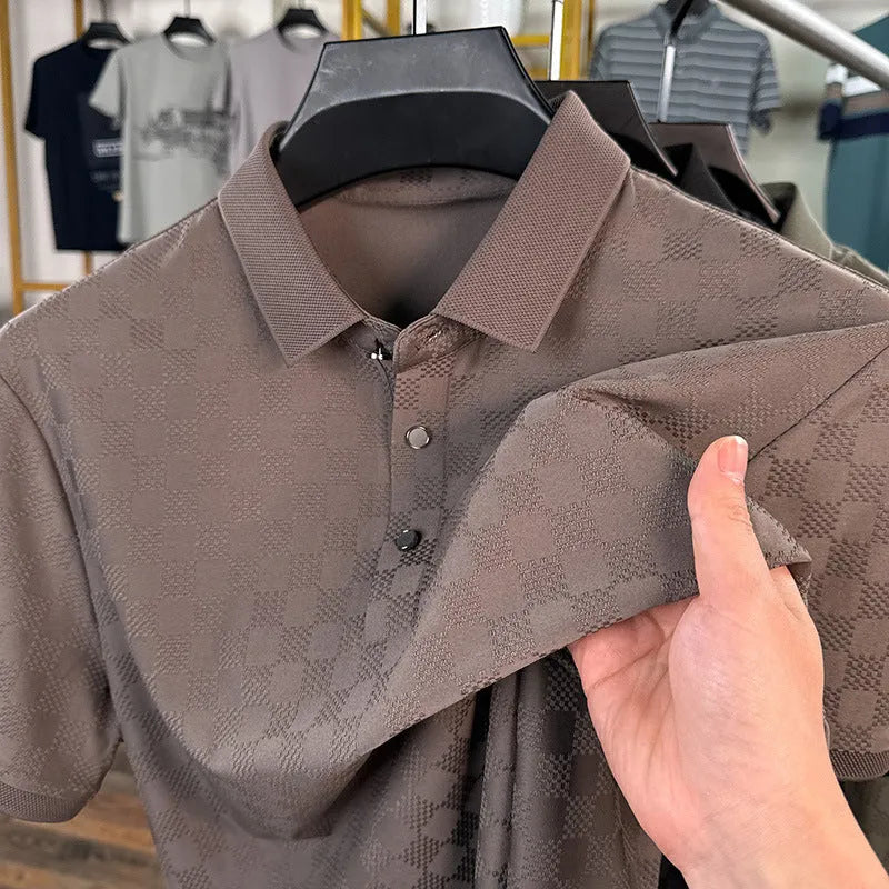 Rhombus thin ice silk short sleeve T-shirt in black featuring a slit design on the body.