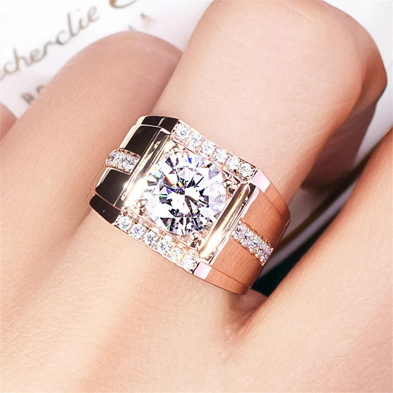 Men's geometric diamond zircon ring with adjustable opening in rose gold, gold, and platinum colour options