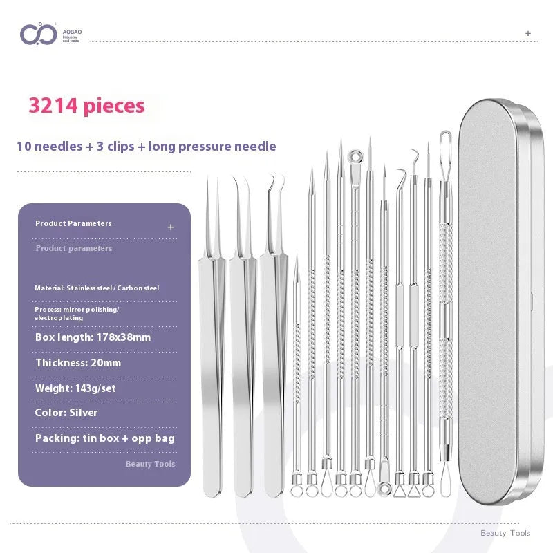 Four metal acne needles with pointed tips arranged on a clean surface.