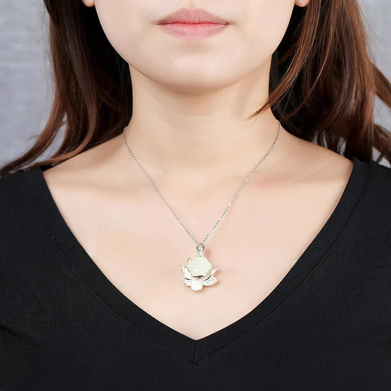 Copper lotus pendant necklace earrings hairpin set with electroplated finish on white background