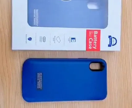 Shockproof silicone iPhone battery charger case in black, blue, pink, or white colours showing extended battery capacity.