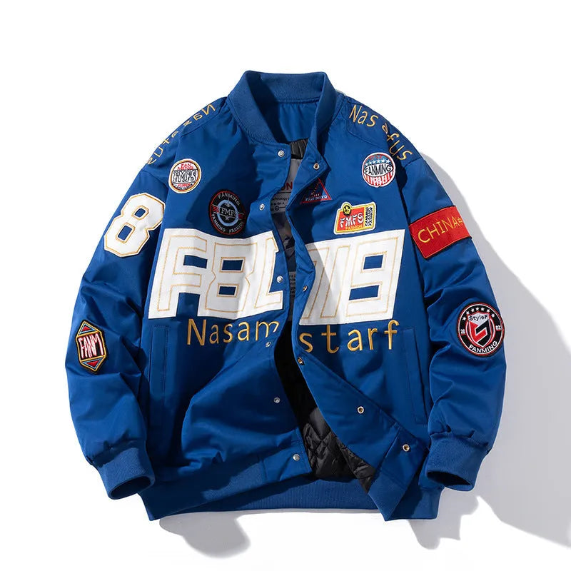 American motorcycle baseball uniform with side pockets available in black red or blue colours