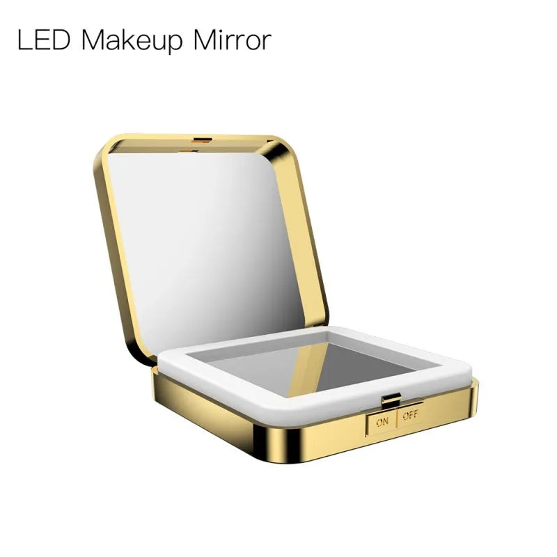 Black and white makeup mirror with adjustable lighting and 4x magnification