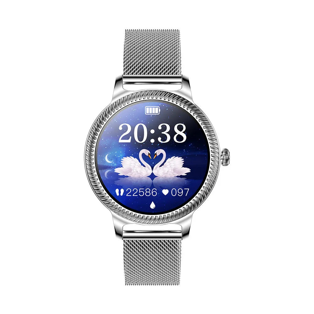 AK38 ladies smart watch with stainless steel wristband and 1.09 inch TFT colour screen