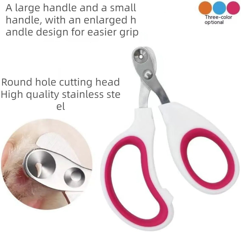 Blue cat nail clippers with circular hole and safety aperture for trimming pet nails