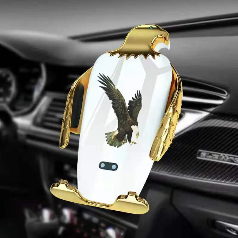 Black and gold wireless charging car phone holder with eagle design and suction cup mount