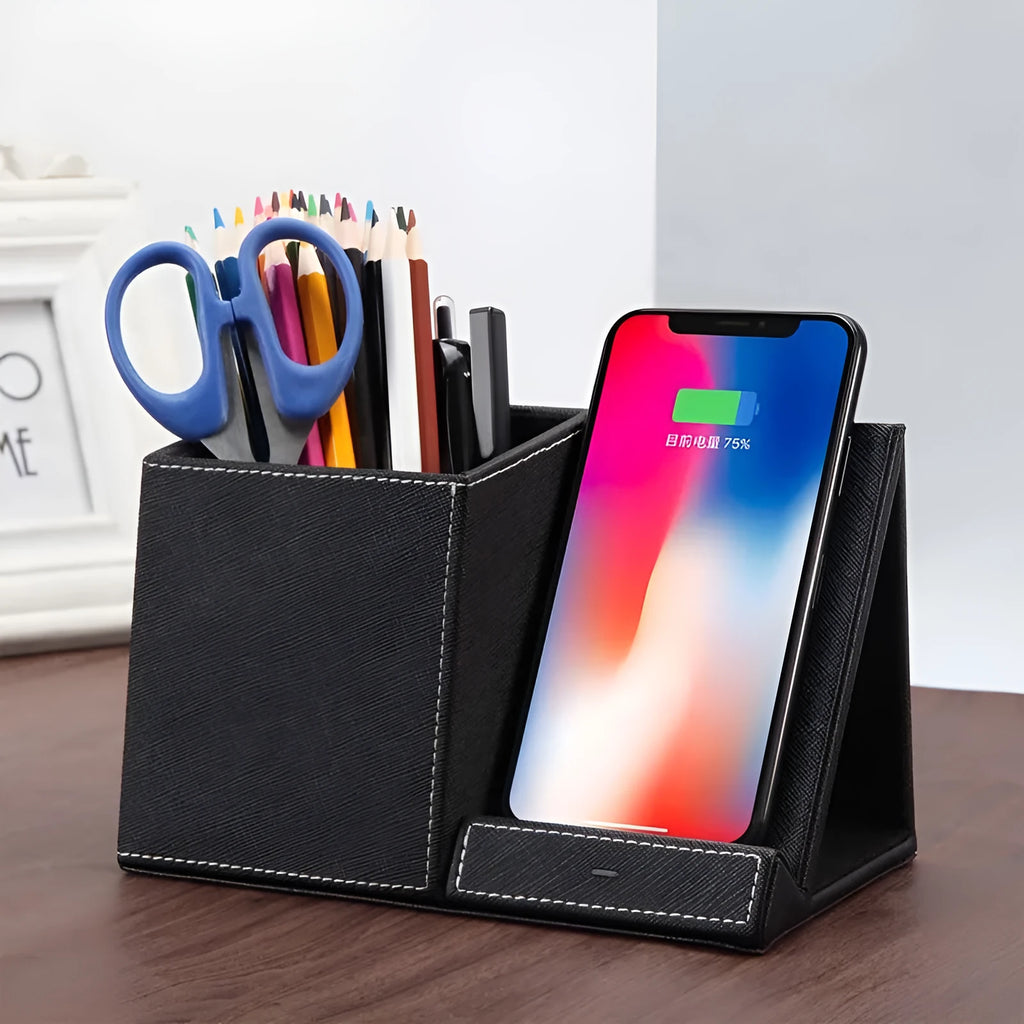 Leather pen holder wireless charger with phone charging on stand and pen storage compartments