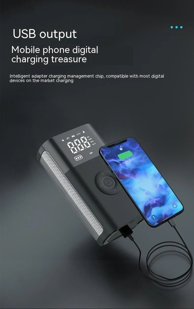 Handheld wireless digital display tyre pump with LED light and multiple nozzle attachments on a white background