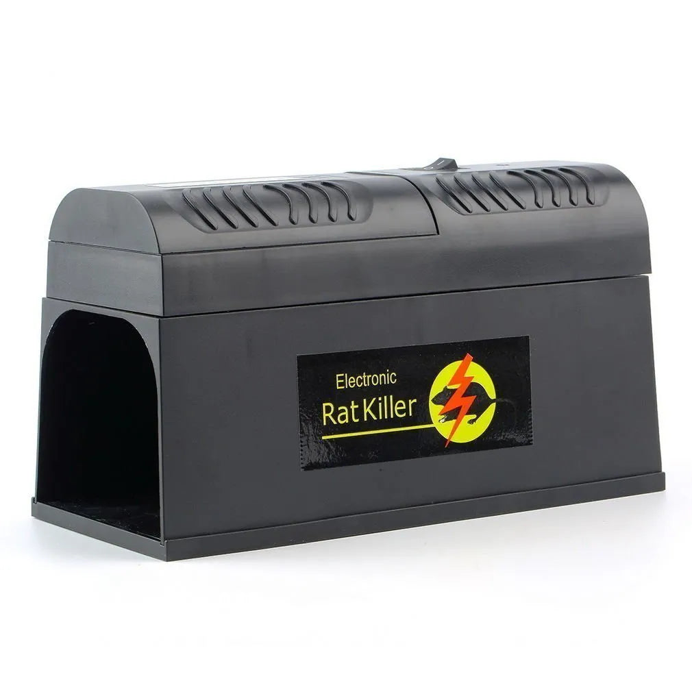 Black high voltage rodent killer device with electrical plug options for pest control