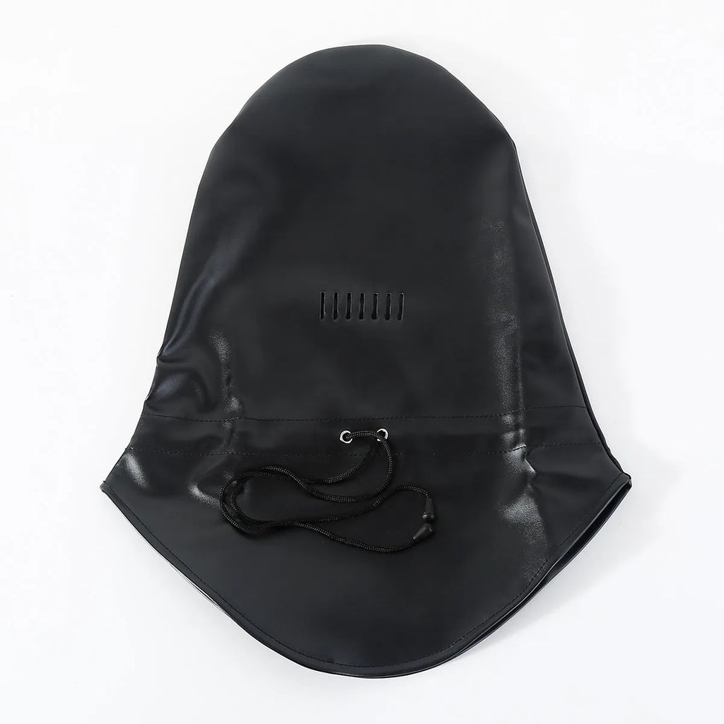 Black leather adult face mask for BDSM role-play training.
