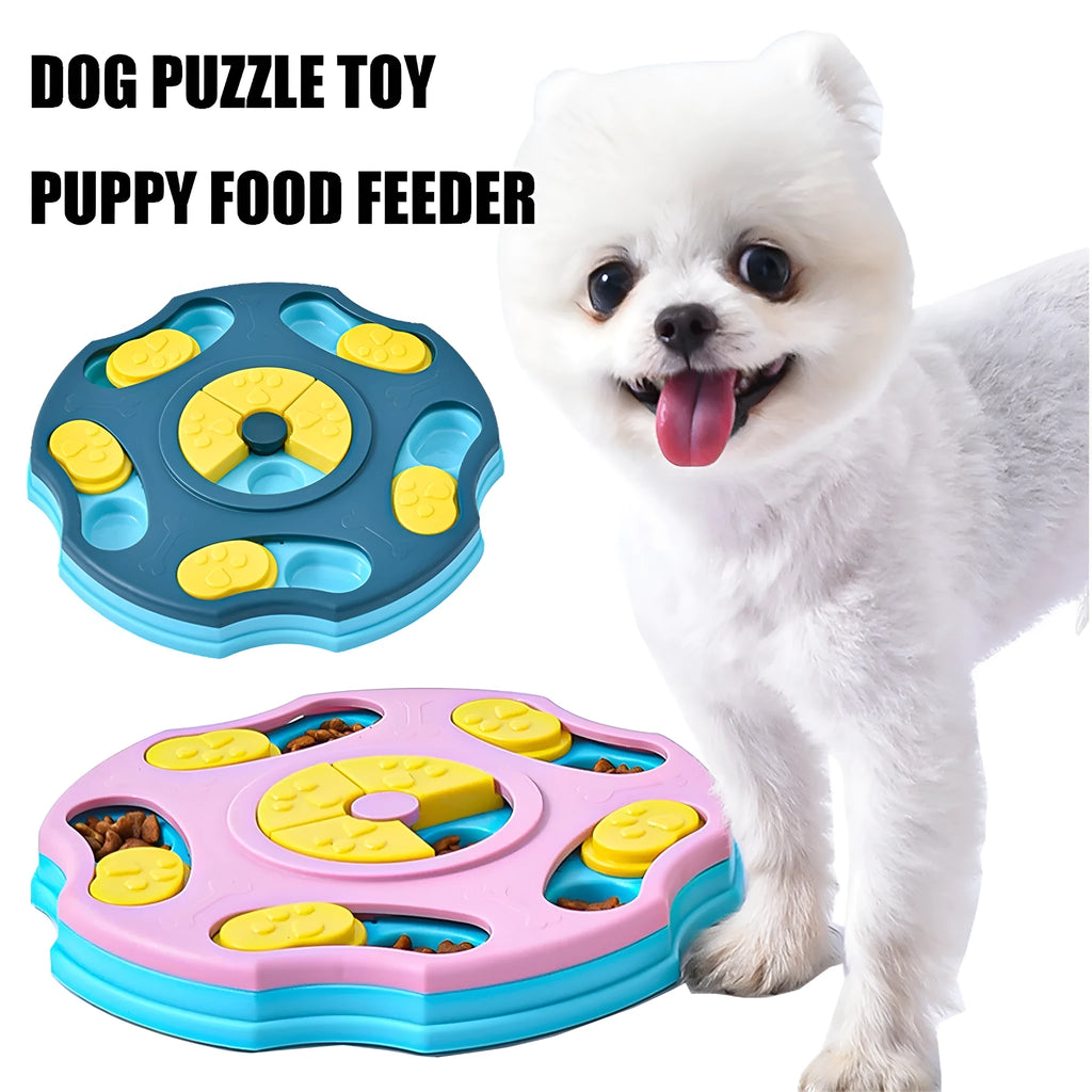 Blue dog puzzle toy feeder with compartments for interactive food search games.