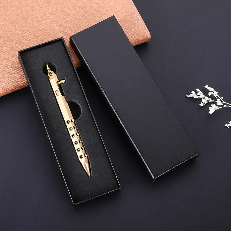 Retro brass hexagonal bolt pen with six-angle barrel design showing 13cm length and brass construction