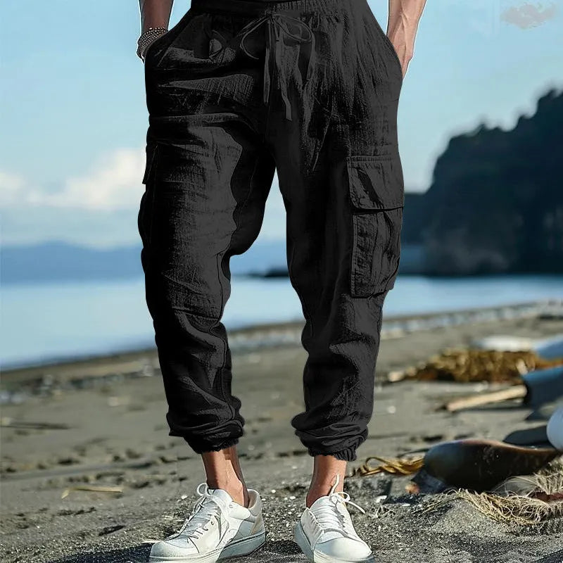 Men's linen casual trousers with ankle-tied cuffs and multiple pockets in loose fit