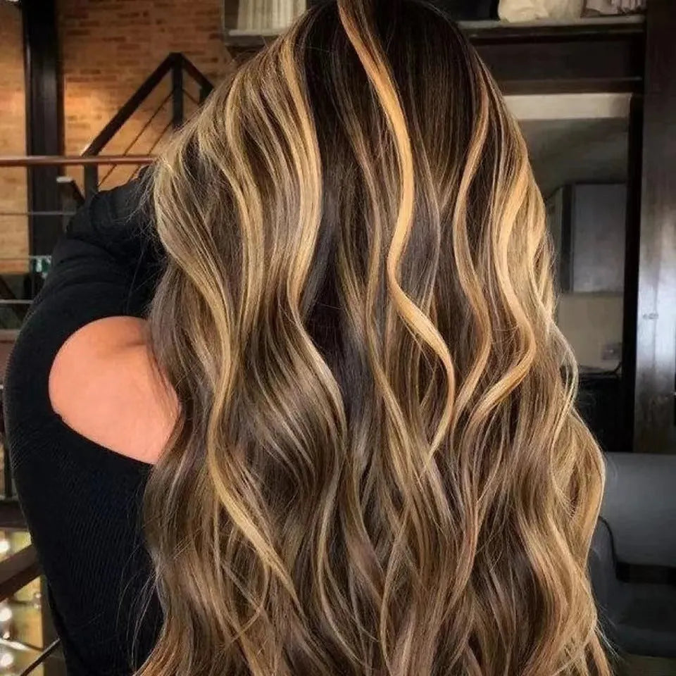 Front lace wig with long black gradient curly hair and side fringe, shown in big wave style.